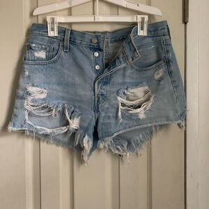 Levi’s Premium 501 Distressed Light Blue Denim Shorts